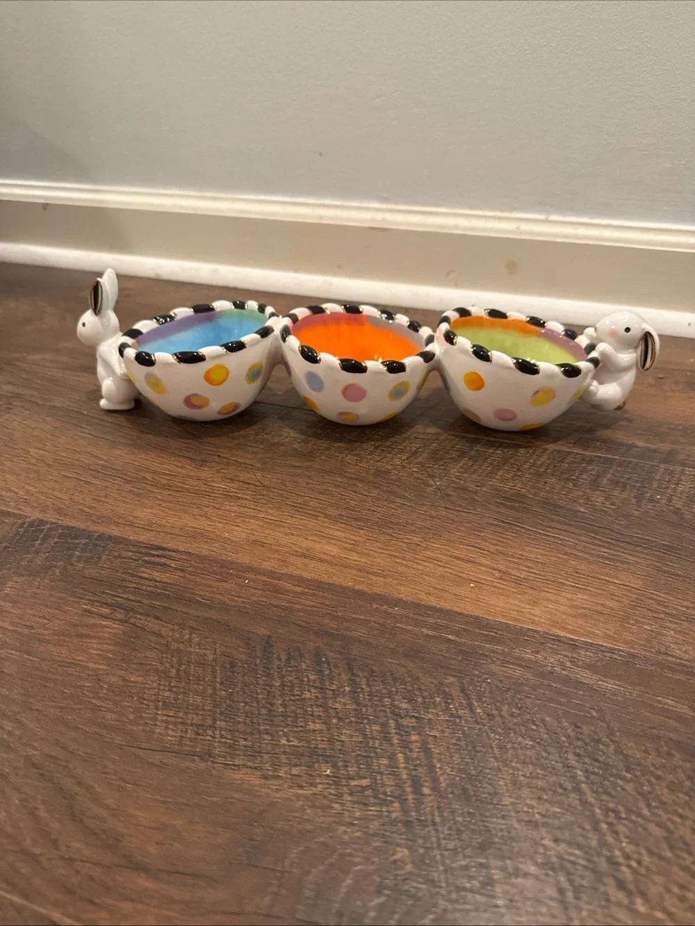 MacKenzie-Childs Polka Dot Bunny Triple Dip Server in Blue, Orange & Green